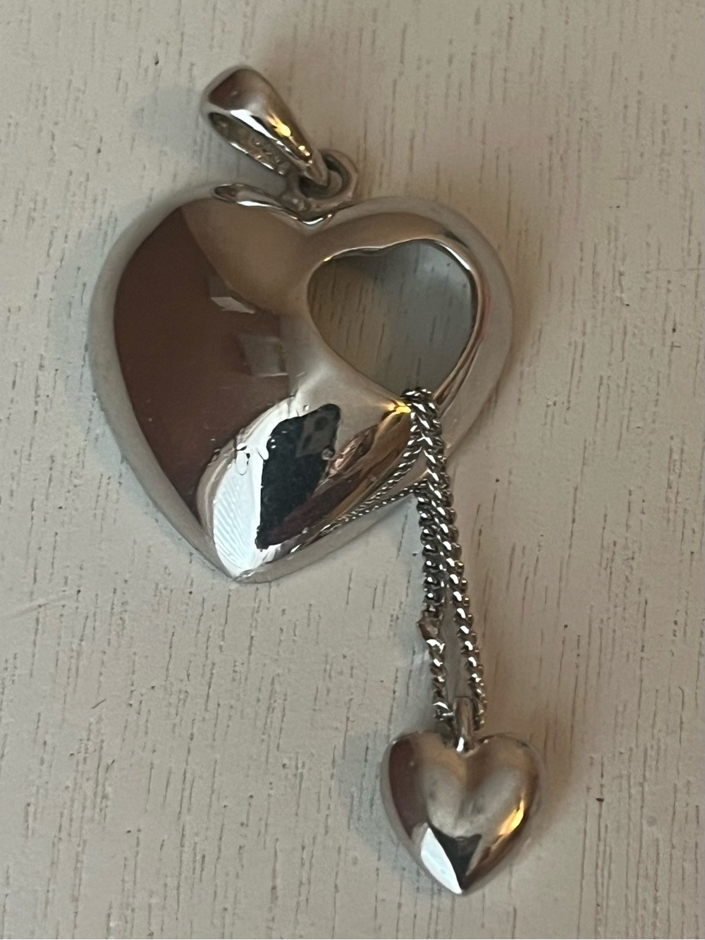 925 Sterling Silver Heart Pendant with Dangling Heart Charm